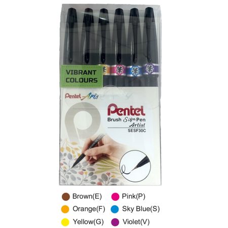 Pentel Brush Sign Pen Artist SESF30C Vibrant Colours Set of 6