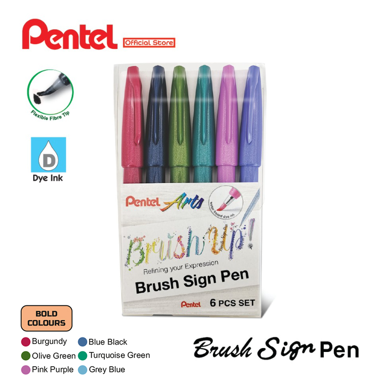 Pentel Brush Sign Pen SES15C Bold Colour Set of 6