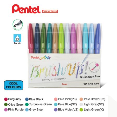 Pentel Brush Sign Pen SES15C Cool Colour Set of 12