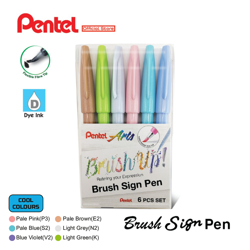 Pentel Brush Sign Pen SES15C Cool Colour Set of 6