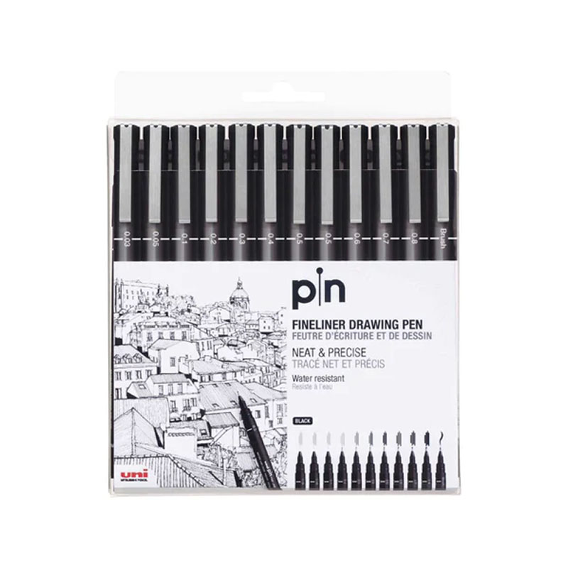 Uni Pin Fineliner Black Drawing Pen Set of 12