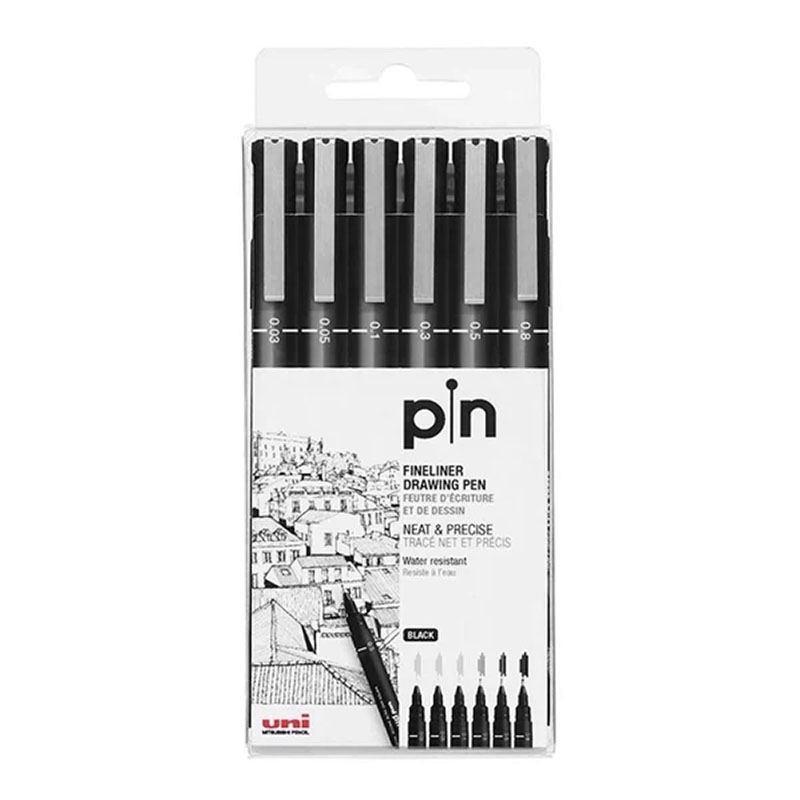 Uni Pin Fineliner Black Drawing Pen Set of 6